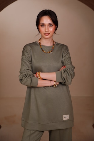 Balenbi Kadın Oysh Modal Kumaş Oversize 80 Cm Tunik Bol Paça Pantolon Tesettür Takım 1228 Haki