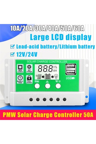 Yaozixa 50a 12v/24v Otomatik Tanıyan Solar Kontrolör - Pwm Şarj, Aşırı Şarj Koruması, Lcd Ekran, 2x Usb 5v Çıkış Beyaz+yeşil