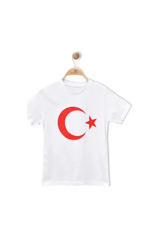 Alme Unısex Çocuk Ay Yıldız Bayraklı Kısa Kol Tişört Beyaz