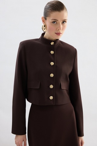 Sateen Düğmeli Kısa Ceket - Kahve-136773 Kahve