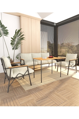 Doruk Home Balkon, Bahçe, Cafe, Metal Kanepe Koltuk Takımı , Bahçe Mobilyası, 90x50 Masalı - 3 1 1 Krem Krem Bej