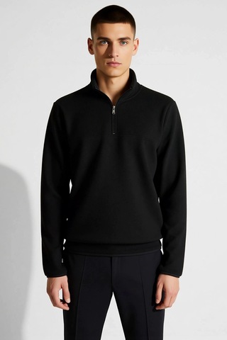 Benerly Erkek Dik Yaka Fermuarlı Standart Kol Polar Sweatshirt Fonksiyone siyah