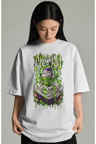 Unisex Oversize Piccolo Dragon Ball Anime Karakter Ön Baskılı Pre Beyaz