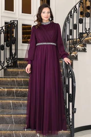 Senna Taş Detaylı Büyük Beden Şık Tesettür Abiye Mürdüm