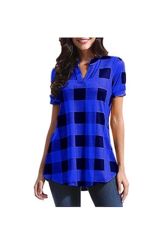 Hnxc Kadın Modası Rahat Yazlık Ekose Desenli Kısa Kollu V Yaka Bluzlar Ve Gömlekler Mavi