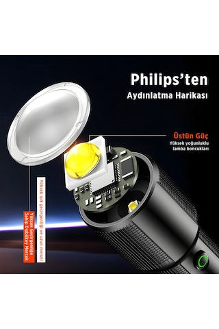 Philips Sfl2203 450 Lümen 5w Led El Feneri Teleskopik Zoom Sos Modlu Metal Gövdeli Şarj Edilebilir Uzun Menzilli Flashlight