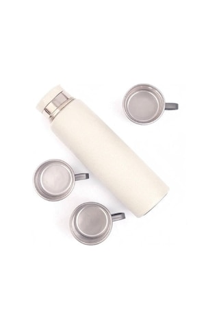 304 Paslanmaz Çelik 3 Bardaklı Termos Seti Çay Kahve Piknik Kamp Krem Krem