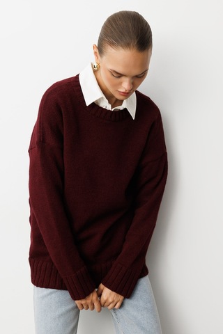 Mizalle Yuvarlak Yaka Oversize Bordo Triko Kazak Bordo