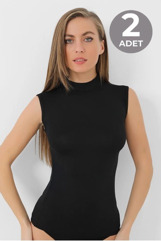 Terrien Premium Günlük Pantolon Giyim 2 Adet Siyah Bambu Kadın Balıkçı Yaka Sıfır Kol Body