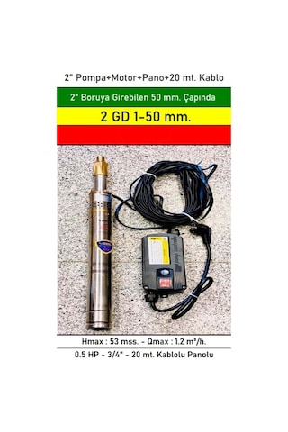 2 Gd 1-50 Mm Çapında 0.5 Hp 2" Boruya Göre Dalgıç Pompa+motor+pano+20 Mt. Kablo