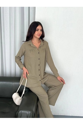 Freedom Storee Kadın Yakalı Düğmeli Uzun Kollu Gömlek Pantolon İkili Takım - Bej Çok Renkli