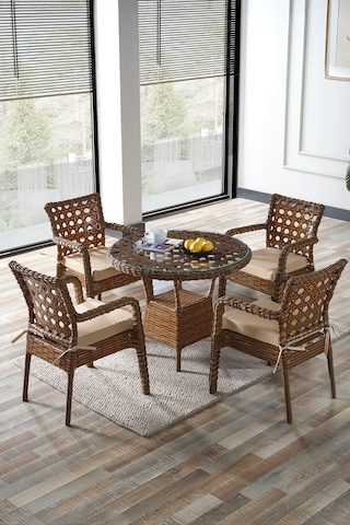 Evdemo Ayaz 4 Kişilik Rattan Bahçe Balkon Mutfak Masa Takımı Kahve Kahverengi