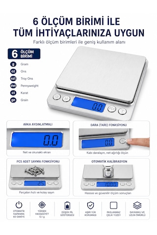 Dijital Hassas Mutfak Tartısı 3000 G Kapasiteli 0,1 G Hassasiyetli Lcd Ekranlı 6 Ölçüm Birimli Açık Gri