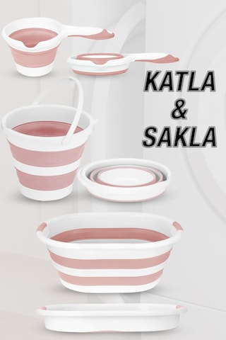 4'lü Set - 90 Lt Bölmeli Kirli Çamaşır Sepeti Katlanabilir Sepet Akordiyon Su Kovası Maşrapa Pembe Pembe