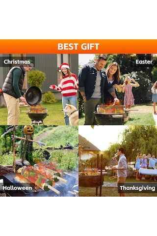 Geeroyoo 304 Paslanmaz Çelik Kaydırmalı Barbekü Kafesi, Dış Mekan Bbq İçin Ahşap Saplı, Dengeli Pişirme Ve Kolay Kullanım Özellikli, Çelik Çatal Ve Kanca İle Tamamlanmış Set Gümüş