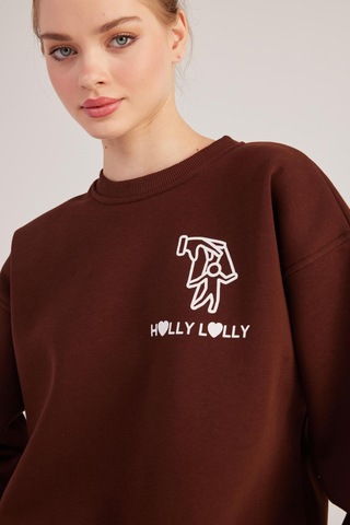 Holly Lolly Oversize Kesim Unisex Gaslighting Sweatshirt Kahve