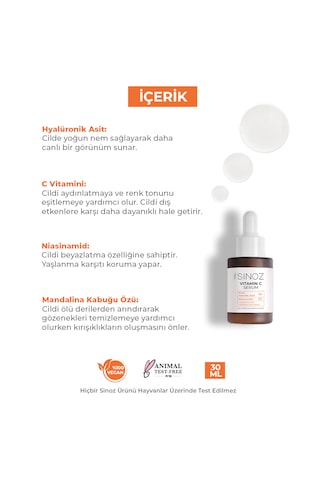 Sinoz Ton Eşitleyici Aydınlatıcı Vitamin C %4 Niacinamide %2 Yüz Serumu Tüm Ciltler İçin 30 ML