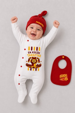 Babyden's Sarı Kırmızı En Küçük Taraftar 3'lü Bebek Tulum Seti Futbol Temalı Şapkalı Önlüklü Yenidoğan Bebek Tulum Seti Sarı - Kırmızı