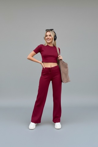 Kadın Bol Paça Slim Fit Takım Bordo