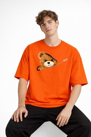 Misa Tahtakale Mn - Bear Baskılı Oversize Tişört Turuncu Çok Renkli