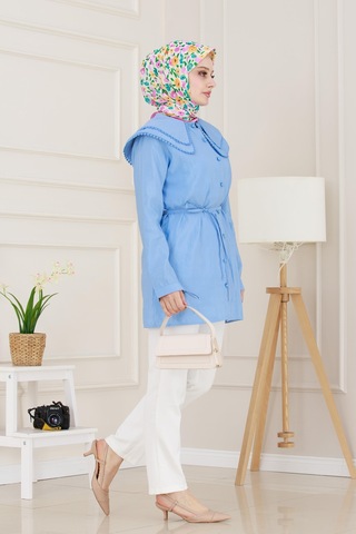 Sevitli Çift Yaka Dantelli Tunik-indigo-4986 Indigo