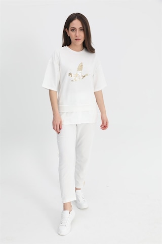 Wpr Takım Eteği Çimalı Kuş Baskılı Beli Lastikli T-shirt Pantolon - Ekru
