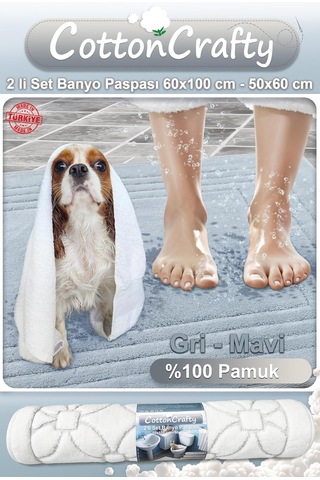Cottoncrafty %100 Pamuk Dokuma Su Emici Banyo Paspas Seti, Banyo Halısı Vera 2 Li Set 60x100-60x50 Gri Genel
