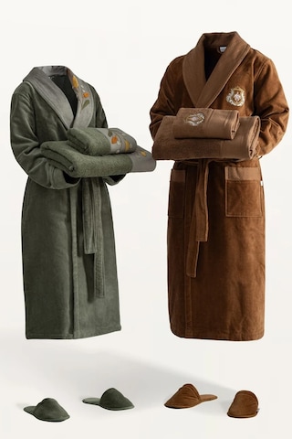 Ecocotton Farah Yeşil/kahve %100 Organik Pamuk 10 Parça Aile Bornoz Seti M-l Yeşil