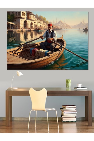 Ahşap Tablo Eski Zamanda Giden Sandalcı Manzarası