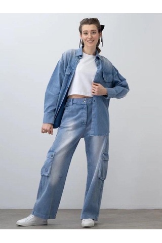 Zekids Kız Çocuk Beli Lastikli Gabardin Pantolon-15534 Mavi