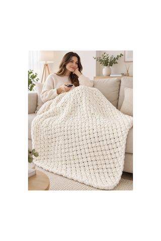 Alize Puffy Tek Battaniye 90x90 Cm Yumuşak Pofidik Örgü Bebek Yetişkin Battaniyebeyaz Krem