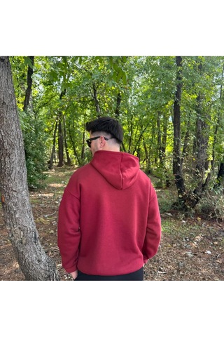 Erkek 3 İplik Basic Oversize Kanguru Cepli Kapüşonlu Sweatshirt Bordo