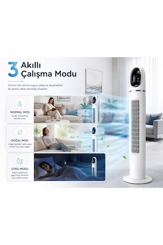 Kule Tipi Vantilatör 45 İnç, Uzaktan Kumandalı, 3 Hız Kademeli, 3 Modlu Normal/doğal/uyku , Salınımlı, Dokunmatik Kontrollü, 24 Saat Zamanlayıcılı, Beyaz