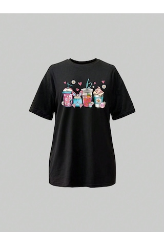 İçecekler T-shirt - Siyah Baskılı Oversize Bisiklet Yaka Kısa Kol Tişört Siyah