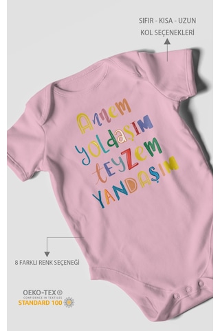 Annem Yoldaşım Teyzem Yandaşım Baskılı Bebek Zıbını Çıtçıtlı Body %100 Pamuk Kısa Kol Koyu Pembe