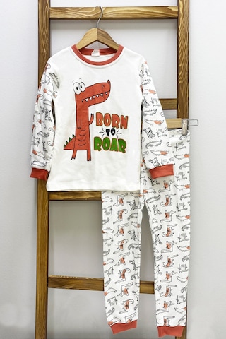 Hçm Erkek Çocuk Pijama Takımı Dinozor Baskılı Bisiklet Yaka C65 Kiremit