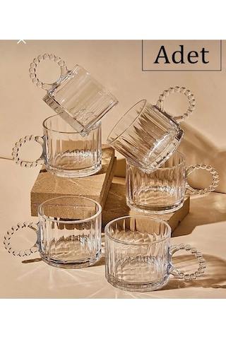 6 Lı Boncuk Desen Kulplu Cam Kupa 300 Cc Beyaz