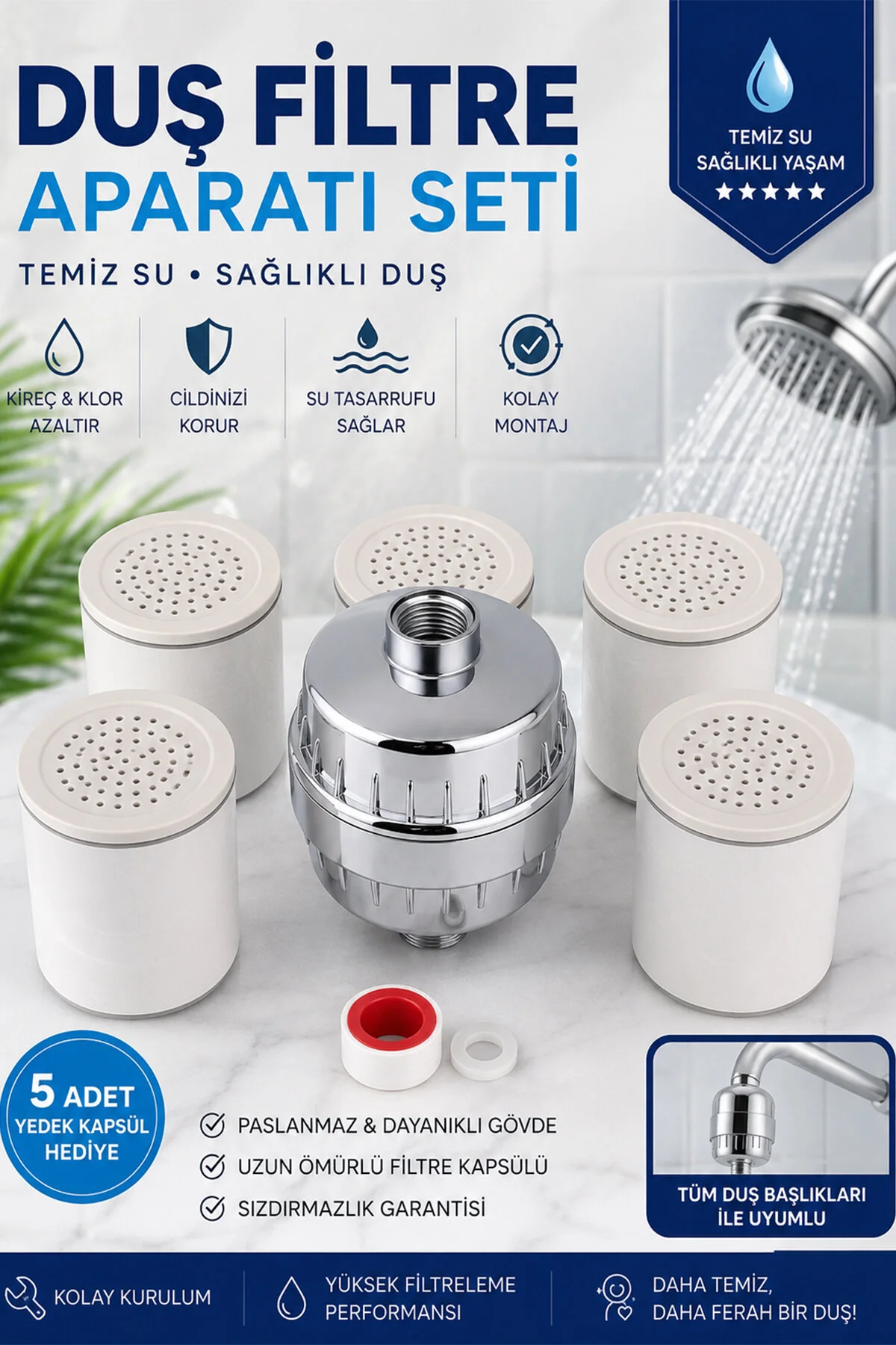 Duş Filtresi Aparatı Seti 5 Adet Yedek Filtre Kapsülü + Teflon Bant + Conta Kireç Ve Tortu Azaltıcı Duş Su Filtresi
