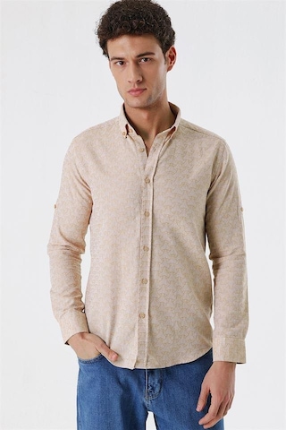 İmza Bej Kısalabilir Kollu Desenli Jakarlıcepsiz %100 Pamuk Casual Slim Fit Gömlek 1004230181-bej Bej