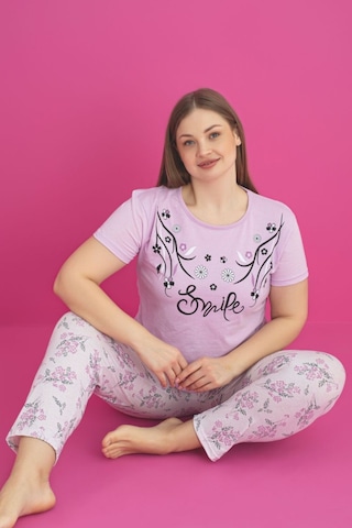 X-dreamy Büyük Beden Pamuklu Çiçekli Kısa Kollu Pijama Takımı Lila