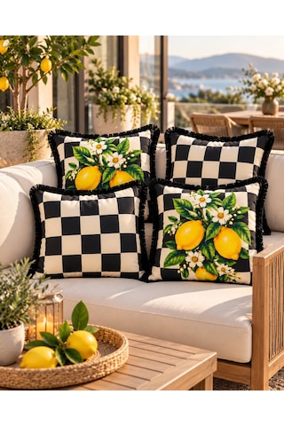 Damalı Limon Desenli 4 Lü Saçaklı Kırlent Kılıfı 45 x 45