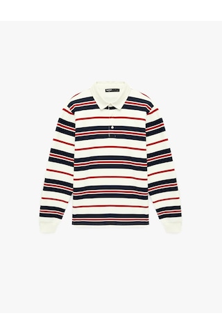 Koton Uzun Kollu Üç İplik Şardonlu Çizgili Düğmeli Polo Yaka Sweatshirt Kırmızı Çizgili 6sam70074mk