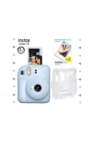 Fujifilm Instax Mini 12 Fotoğraf Makinesi + 20'li Film + Şeffaf Kılıf Seti Mavi