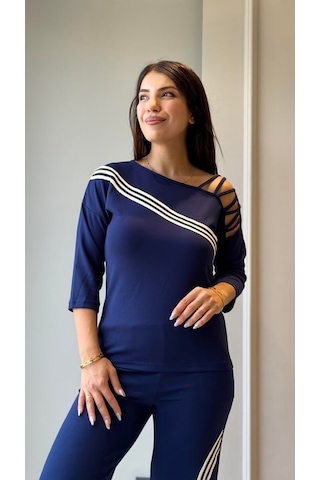 Tua Moda Kadın Uzun Kollu Truvakar Kol Tek Omuz Çapraz Şerit Detaylı Ribanalı Viskon Iki Iplik Bluz Ve Pantolon Ikili Takım Lacivert