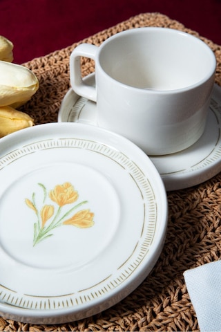 Heda Porselen Mimoza 4 Parça 2 Kişilik Porselen Çay Fincanı Takımı Kırık Beyaz