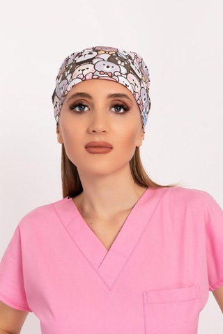 Unisex Kahve Ayıcık Desenli Dijital Baskı Likralı Doktor Hemşire Cerrahi Bonesi Kahverengi