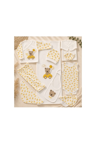 Petino Erkek Bebek Hastane Çıkışı 10 Lu Set Arabalı Ayıcık Nakışlı Sarı