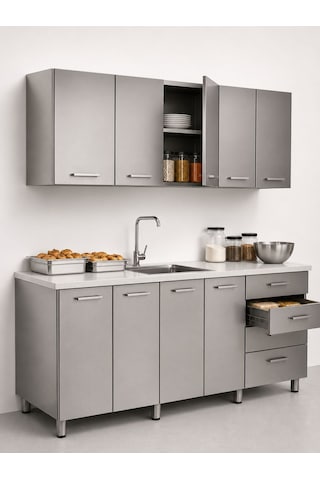 Profesyonel Krom Mutfak Ünitesi Üst & Alt Dolaplı, Lavabolu 250x70x85/65 Çelik