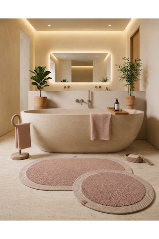 Kaymaz Taban Peluş Banyo Paspası Seti Pudra Rengi Jüt Kenar Detaylı 2'li Oval Yuvarlak 100x60 60x60
