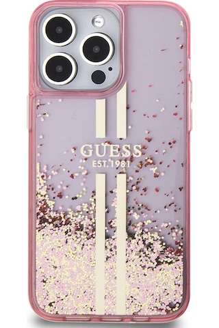Apple Uyumlu iPhone 15 Pro Max Kılıf Guess Lisanslı Transparan Sıvılı Simli Altın Çizgili Kapak Pembe